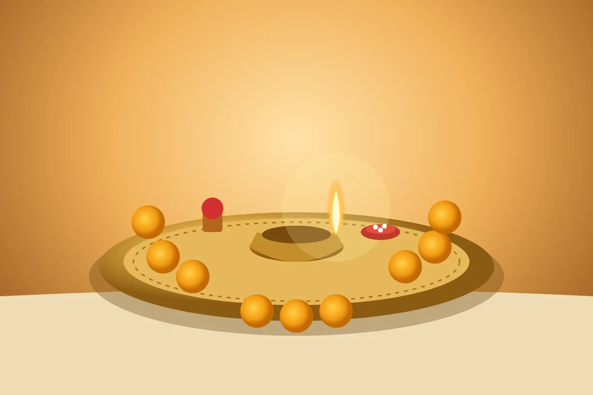 Brass diya, marigold flowers and puja thali for late marriage remedies