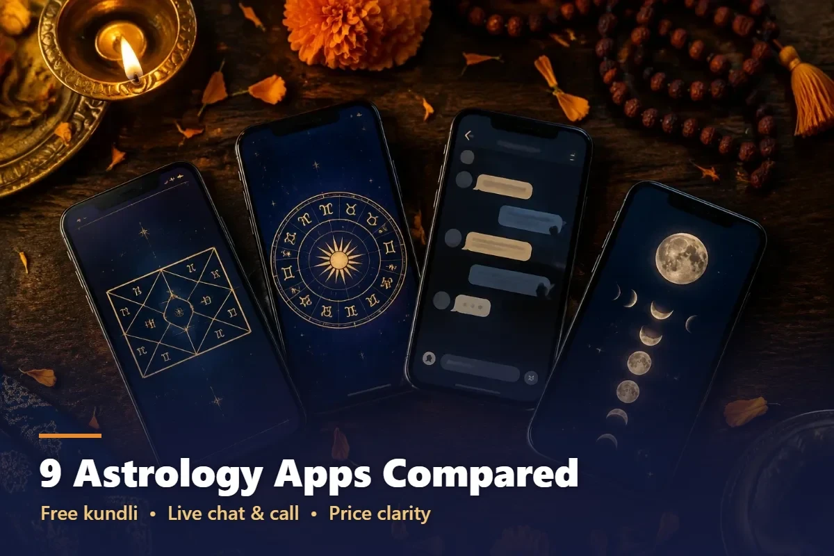 Smartphones showing different astrology apps side by side, comparing the best astrology app in India