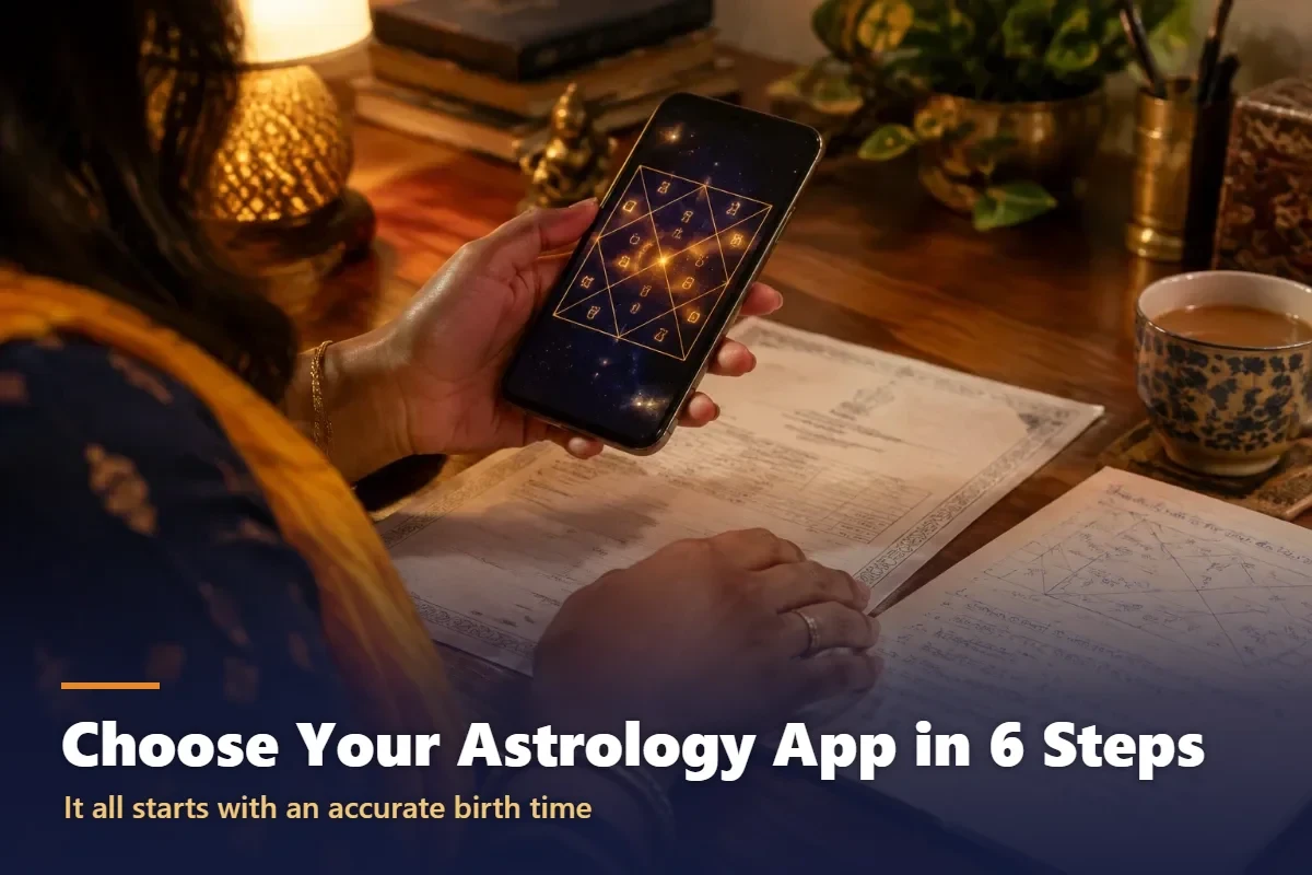 Woman checking her birth details and kundli on a smartphone before choosing an astrology app
