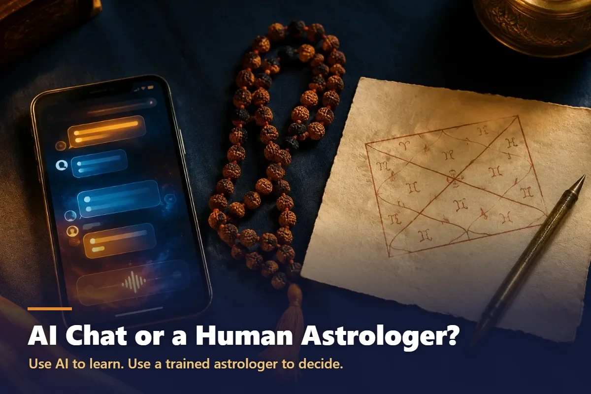 AI astrology app chat on a phone beside a hand-drawn kundli chart and rudraksha mala