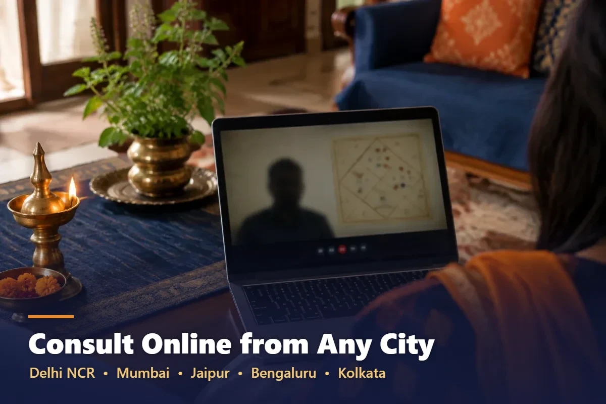 Online astrology consultation on a laptop video call from an Indian home