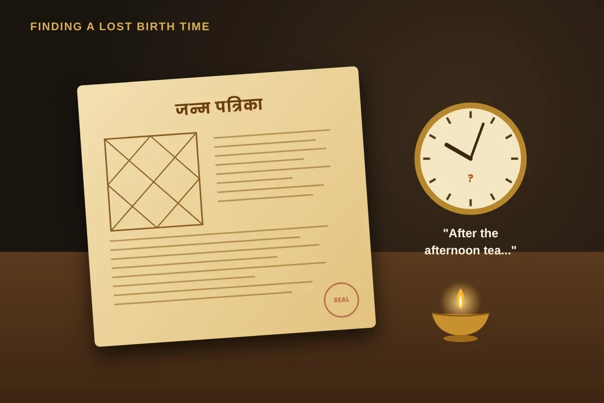 Old handwritten janam patri beside a clock and brass diya, used to recall a lost birth time
