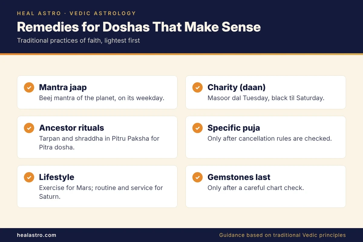 traditional remedies for doshas including mantra puja and charity