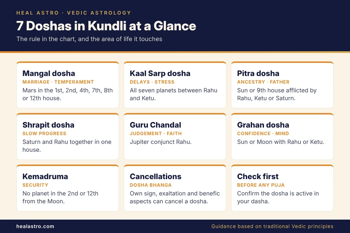 types of doshas in kundli reference chart with houses and planets